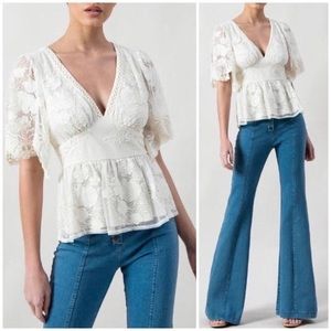 Dainty Cream Floral Lace Peplum Floral Top Womens Romantic Blouse